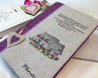 Handmade Linen Book Cover: Embroidered Cottage Design, customizable