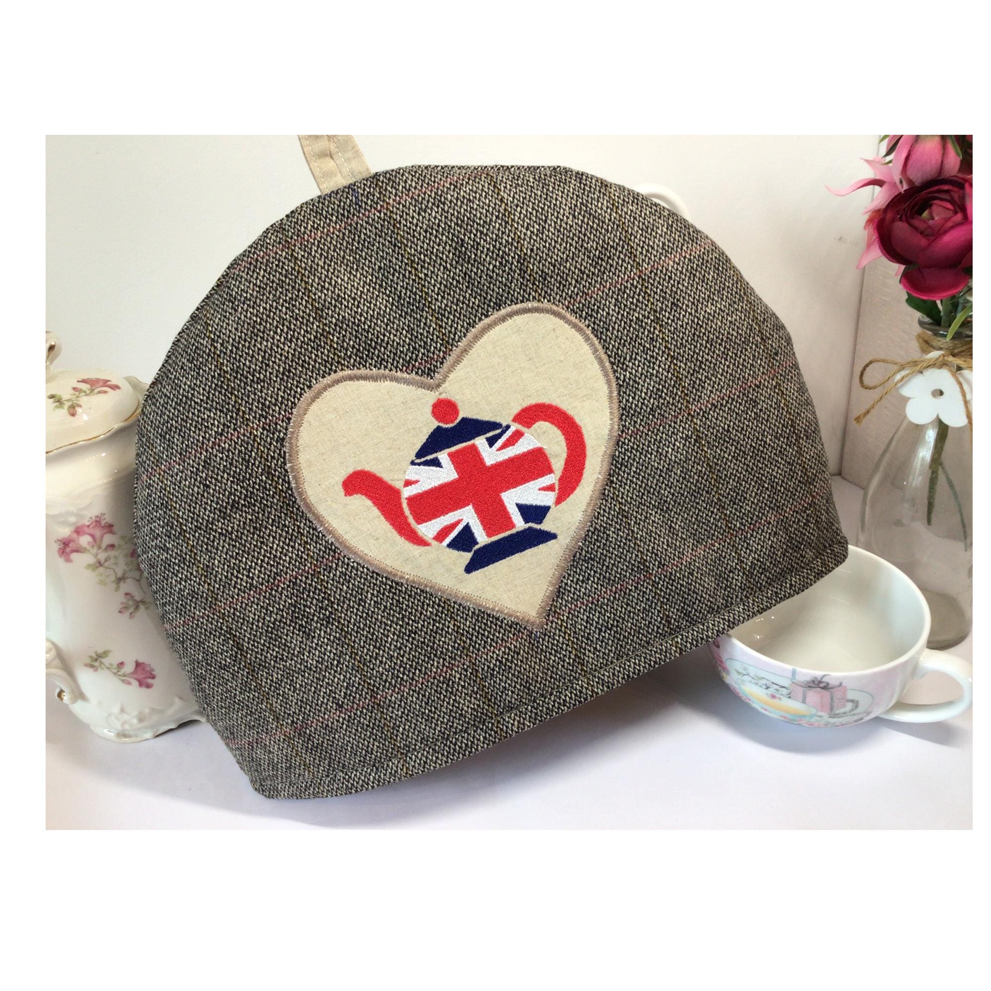 Embroidered Tweed Tea Cozy, Union Jack Teapot Cover, Linen Lined