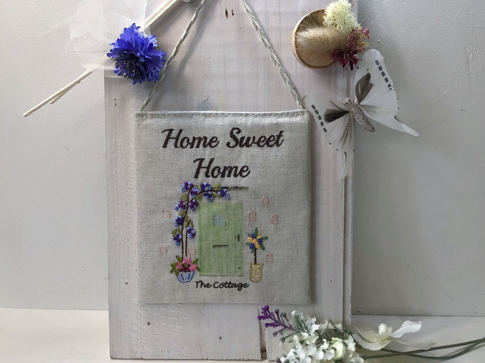 Plaque de Porte Message Home Sweet, Suspension Porte, , Plaque Lin Brodée, Plaque Rustique,