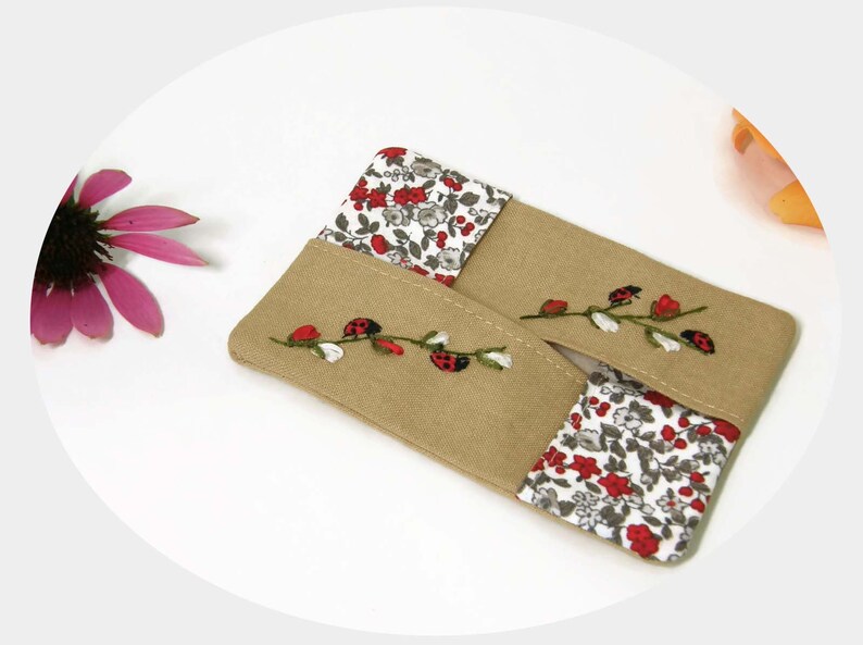 Handmade Linen Pocket Tissue Holder: Embroidered Ladybugs image 7