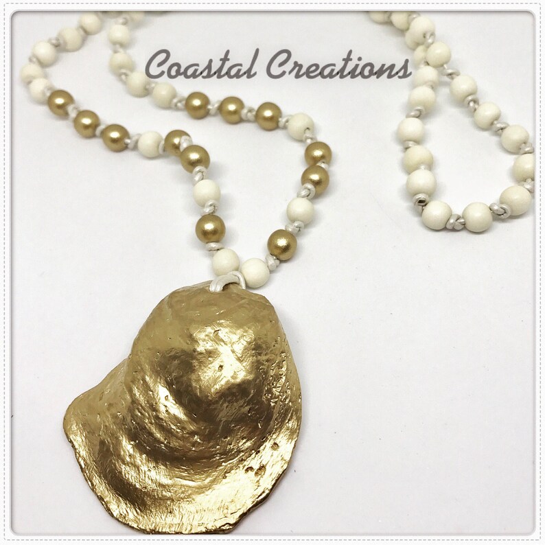 Long Oyster Shell Necklace with Wooden Beads 17 Etsy