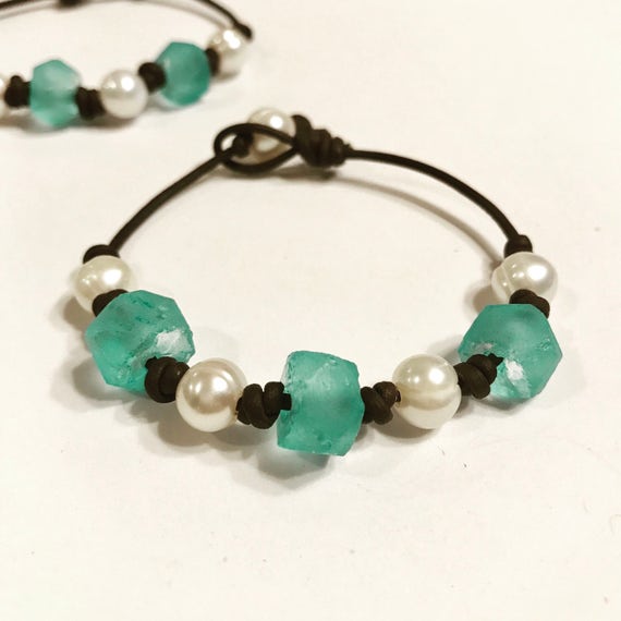 Freshwater Pearl and  Sea Green Glass Leather Bracelet #355