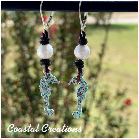 Seahorse Pearl and Leather Earrings #604