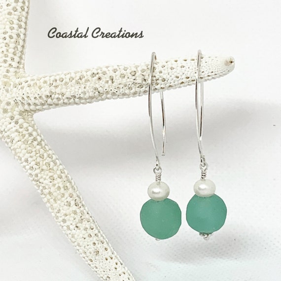 Aqua Sea Glass and Pearl Earrings