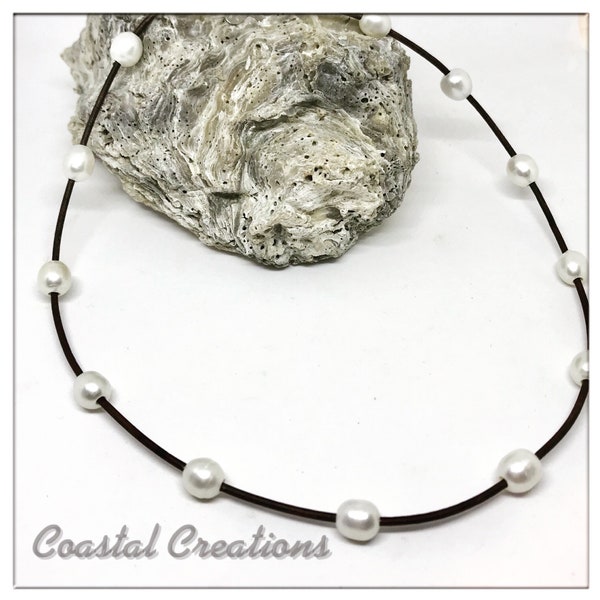 Leather and Pearl "tin cup" Necklace #1004