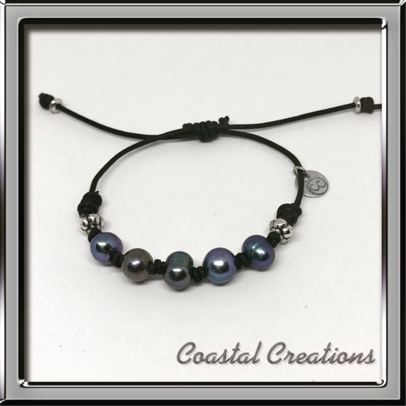 Peacock Blue Pearl and Leather Bracelet #74