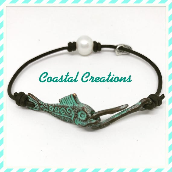 Pearl and Leather Bracelet with Fish Clasp #620
