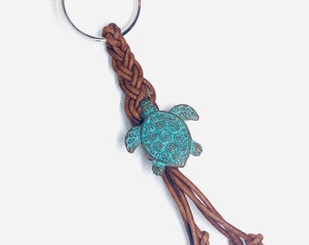 Turtle and Braided Leather Keyring #354