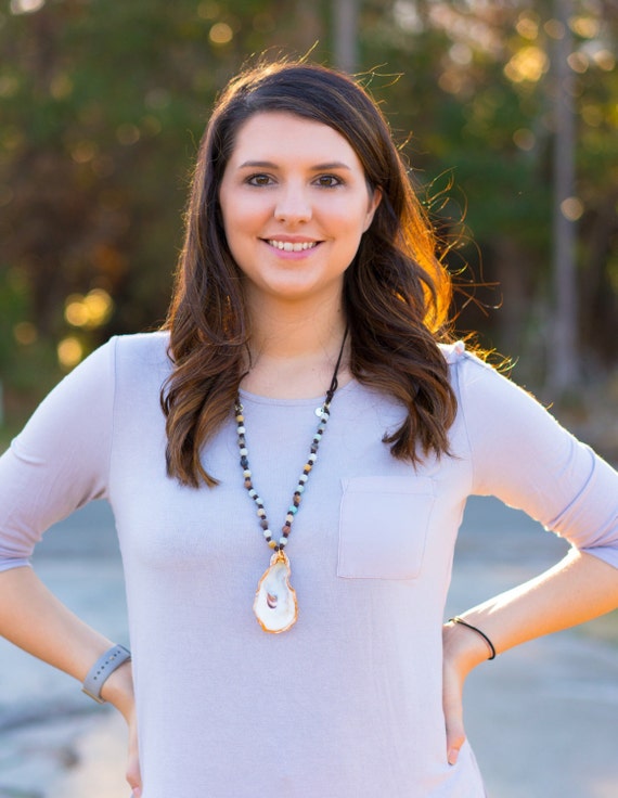 Oyster Shell on Leather and Amazonite Necklace #10