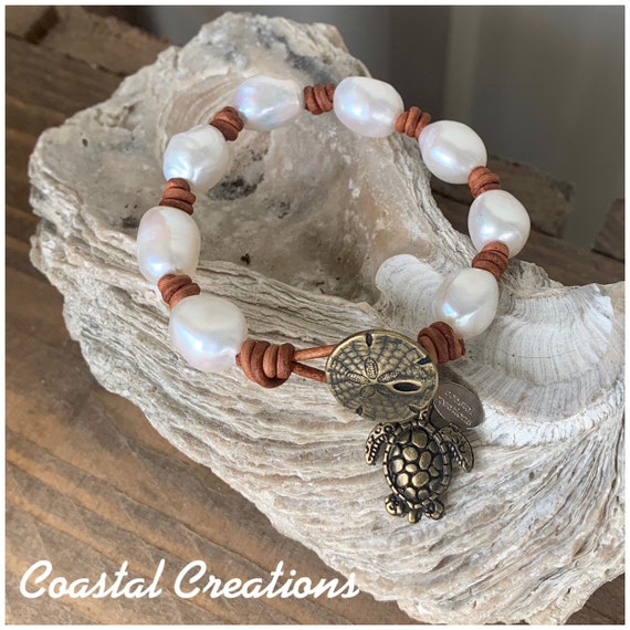 Bronze Turtle and Sand Dollar Pearl Bracelet #404