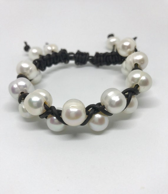 Criss Cross Leather and Pearl Bracelet #65