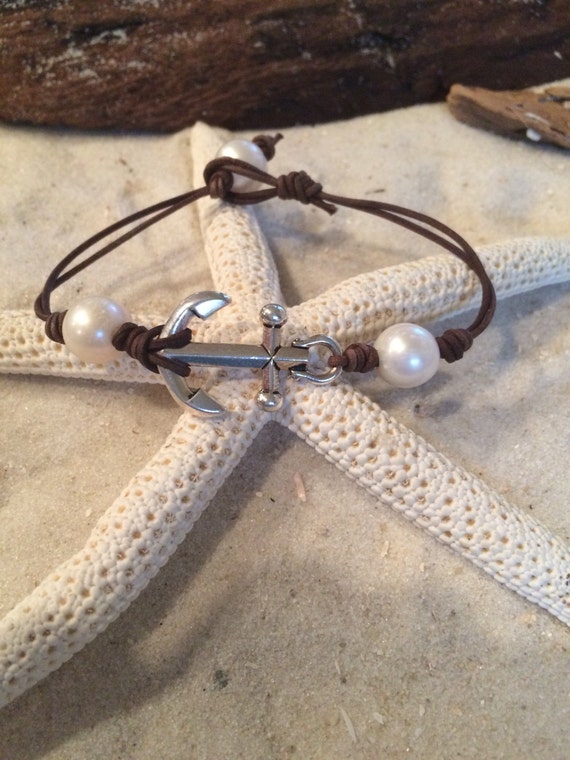 Pearl and Leather Anchor Bracelet #614