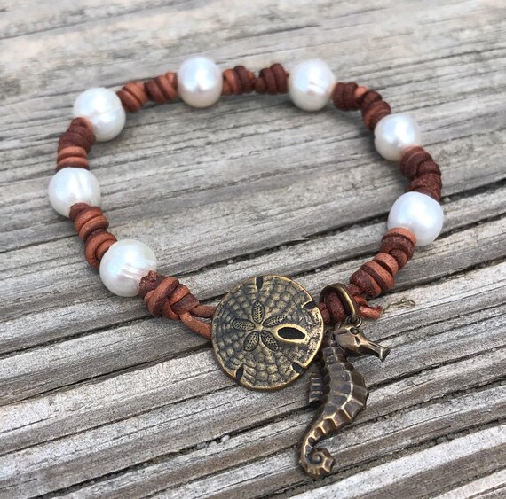 Pearl and Leather Bracelet with Sand Dollar and Seahorse #77