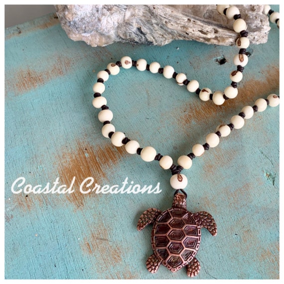 Leather and White Acai Bead Turtle Necklace #854