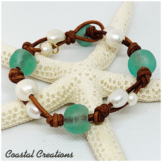 Aqua Beach Glass and Pearl Bracelet