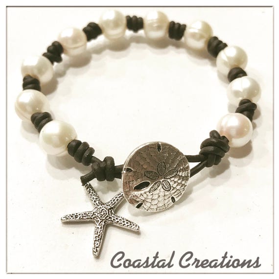 Leather and Pearl Bracelet with Sand Dollar and Starfish #57