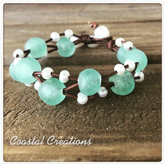 Aqua Sea Glass and Pearl Bracelet #344