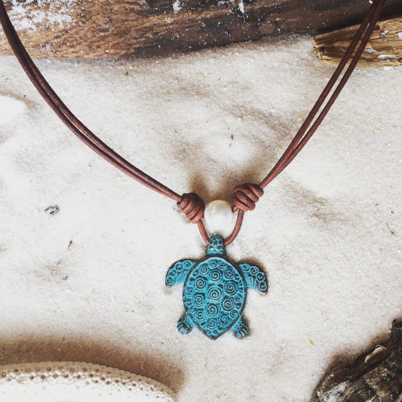 Sea Turtle and Pearls on Leather Necklace #91