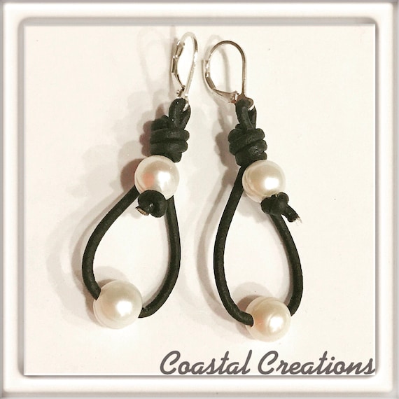 Loop Dangle Leather and Pearl Earrings #70