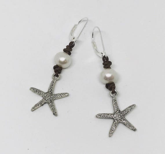 Starfish and Pearl Earrings on Leather #101