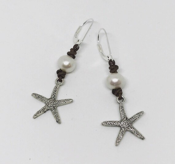 Starfish and Pearl Earrings on Leather #101