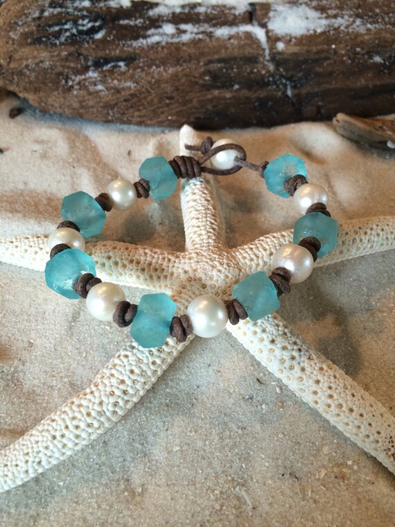 Aqua Glass and Pearls on Leather Bracelet #27