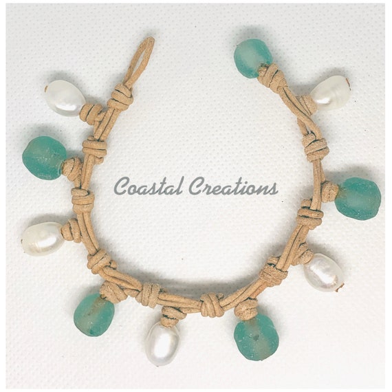 Pearl and Aqua Beach Glass Bracelet