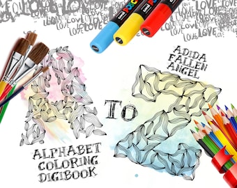 Printable Adult and Kids Alphabet Coloring Book / 36 Letters and numbers Art / Printable coloring pages / Instant Download / DIY Letter art