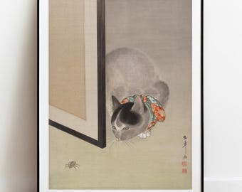 Toko Oide Cat Watching Spider Print - Japanese Vintage Wall Art