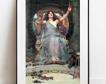 May include: A framed art print depicting a woman with long brown hair wearing a flowing, translucent blue-grey gown. She sits on a throne with lion-headed armrests, holding a shallow bowl and a wand. A dark boar rests near her feet on a tiled floor.