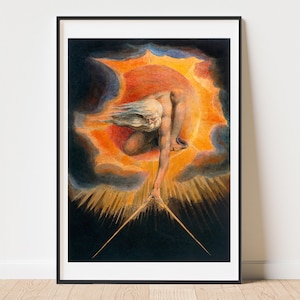 May include: Framed print of a classical artwork. It shows a figure with flowing white hair reaching down towards a radiant, golden light. The figure is set against a backdrop of orange and dark blue hues, creating a dramatic contrast.