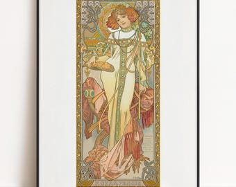 May include: A framed art print featuring an Alphonse Mucha illustration of a person in a long cream-colored gown with floral accents, holding a tray of fruit. The border is ornate with gold and brown patterns, and the text P. Champenois is visible.