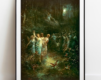 May include: A framed art print featuring a dark, atmospheric forest scene at night with a full moon. A group of winged figures in flowing robes dance in a circle, while smaller winged creatures fly near the ground amidst the dense, dark trees.