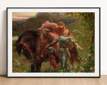 May include: A framed art print depicting a painting of a person with long red hair in a pink dress riding a dark brown horse, while a person in silver plate armor walks alongside in a grassy landscape with trees and a sunset sky in the background.