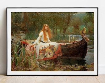 May include: A framed art print depicting a painting of a person with long red hair wearing a white dress, sitting in a dark wooden boat on a river. The boat is draped with a red patterned cloth, and the background features lush green trees and reeds.