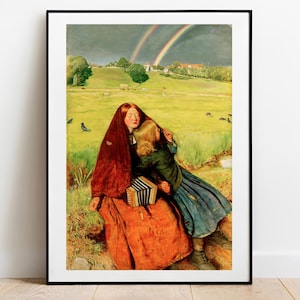 Puede incluir: Una lámina artística enmarcada que representa a dos figuras en un campo verde bajo un arcoíris doble. Una figura lleva un chal y una falda de color rojo oscuro y sostiene un pequeño acordeón. La otra lleva una chaqueta verde oscuro y una falda azul.