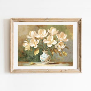 Impresión artística de flores de magnolias en un jarrón, póster de arte de pared, impresión de flores, galería, decoración de pared para el hogar