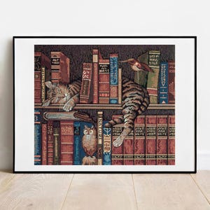 Tapestry Cat on Bookshelf Print: Vintage Gallery Wall Art
