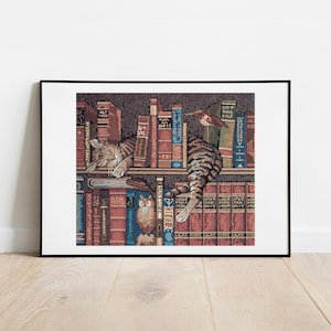 Anon Tapestry Cat on a Bookshelf gallery wall art print vintage poster art famous artist print home decor