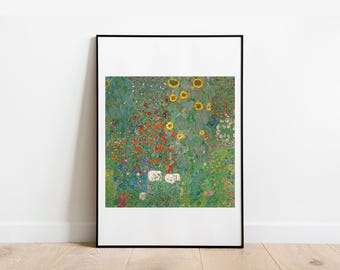 Klimt Garden with Sunflowers Print: Vintage Fine Art Poster