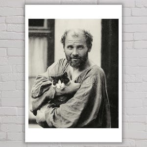 Foto di Gustav Klimt e il suo gatto, fotografia d'epoca, decorazione da parete per la casa, stampa di un famoso artista.