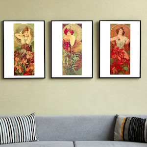 SET OF 3 Mucha gemstone prints gallery wall art print vintage poster art famous artist prints