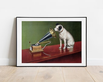Art print dog art His Master&#39;s Voice dog wall art vintage poster art gallery wall home decor