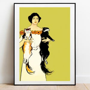 ルイ・イカール作「黒猫を抱く女性」アールデコプリント：シックな猫