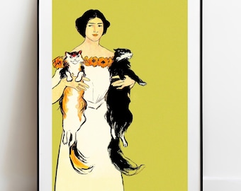 May include: A framed art print featuring a person with dark hair wearing a white dress with an orange floral neckline. The person holds a calico cat in the left arm and a solid black cat in the right arm against a solid lime green background.