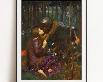May include: A framed art print depicting a painting of a person in a long purple dress sitting on the ground in a forest, holding a long brown scarf that is draped around a knight in dark metal armor kneeling before them among trees.