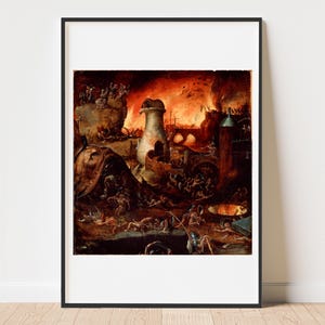 May include: Framed print of a dark, detailed painting depicting a chaotic scene with figures, structures, and a fiery background. The artwork features a variety of colors, including reds, browns, and oranges, creating a dramatic and intense atmosphere.
