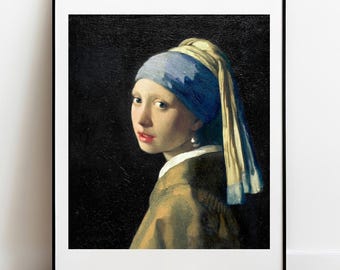 May include: A framed art print featuring a portrait of a person wearing a blue and yellow headscarf and a single pearl earring. The subject is shown in profile against a dark black background, wearing a brown garment with a white collar.