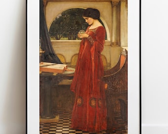 May include: A framed art print featuring a painting of a figure in a long, flowing red velvet gown standing in an interior space. The figure holds a small glass sphere. Nearby is a wooden table with an open book and a dark curtain backdrop.