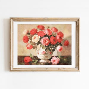 Impresión artística de flores con rosas en un jarrón, póster de arte de pared, galería de impresiones de flores, decoración de pared para el hogar
